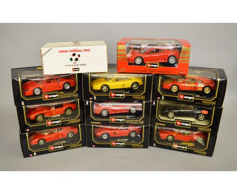 11 x Bburago 1:18 scale Ferrari diecast model cars, includes: 3064; 3011; 3019; etc. Boxed, mostly VG.