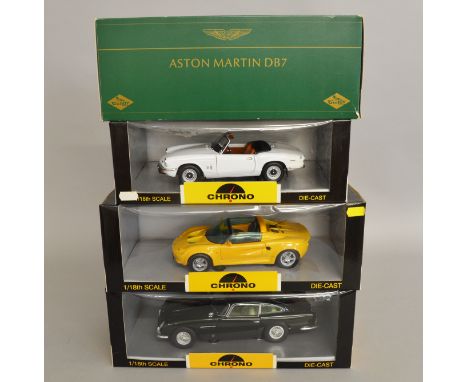 Four 1;18 scale diecast model cars; including Chrono H1040 Triuph Spitfire, Chrono H1001 Aston Martin DB5, Chrono Lotus Elise