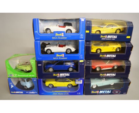 10 x Revell 1:18 scale diecast model cars, including: two 08447; 08945; 8825; etc. Boxed, mostly appear VG. 