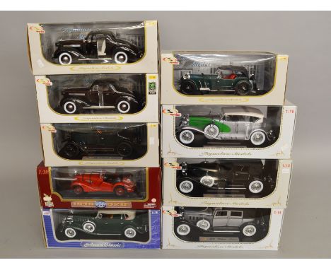 Nine 1:18 scale diecast models, all vintage cars, by Signature, Anson and similar. Boxed, G-VG. (9)