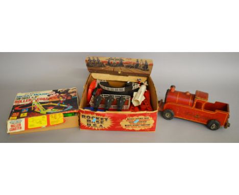 Three assorted toys: De Luxe Toy Co. Rocket Base USA, boxed; Illco Mickey Mouse Fun Castle Roller Coaster; Triang Puff Puff w