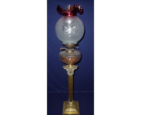 Victorian oil lamp with heavy Corinthian column and square stepped base with cut clear glass reservoir with etched clear & cr