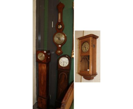 Two small chiming Art Deco longcase clocks and a wheel barometer and an oak cased chiming wall clock, (4)