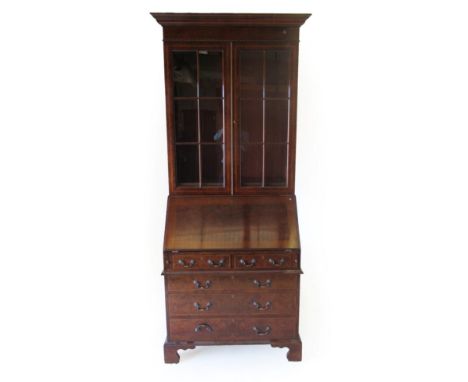 A Reproduction Burr Walnut and Feather Banded Bureau Bookcase, modern, the upper section with glazed doors and adjustable she