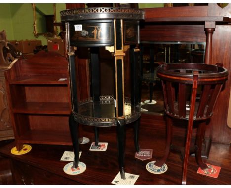 A two-tier circular Japanned table, a small book shelf, a small plant stand, a carved gilt wood five branch chandelier  