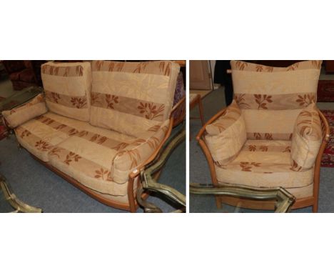 An Ercol Ash Framed Two-Seater Settee and Matching Armchair, circa April 2005, design no.2068, covered in beige and brown pat