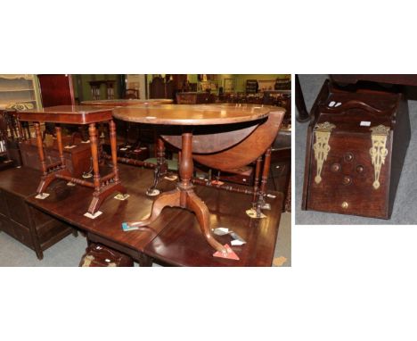 A Georgian oak tripod table with drop sides; an Edwardian walnut occasional table and an oak coal scuttle (3)