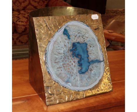 An Unusual Brass Lamp Shade, of curved form, the front with inset polished blue glass oval panel, 42cm by 29cm by 14cm, the b