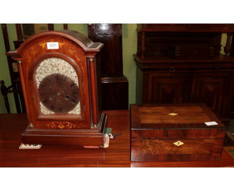 An Edwardian mahogany marquetry inlaid table clock later dial, together with a crossbanded rosewood box circa 1830