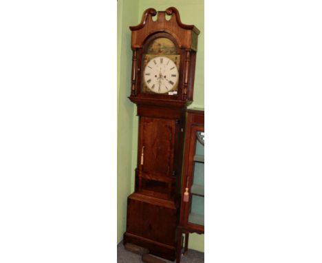 Victorian oak and mahogany eight day longcase clock with painted arch dial 