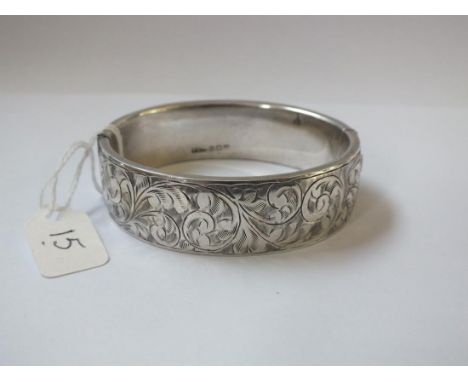 Wide heavy scroll engraved silver bangle 28g   