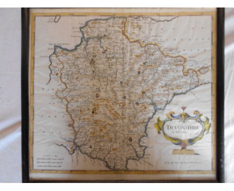 MAP   Devonshire   R. Morden, 1695, cold. outlines,   approx. 17" x 15" framed &amp; glazed     