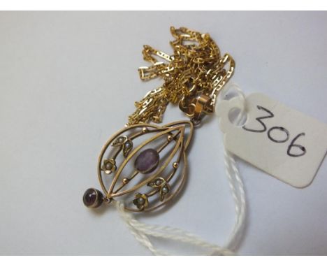 9ct antique pearl and amethyst pendant on 9ct fine link   chain 2.9g inc        