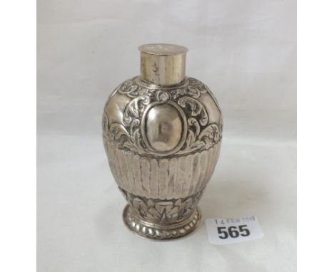 Dutch baluster shaped tea caddy, embossed with foliage  4" high 80g.        