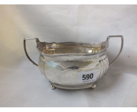 Georgian boat shaped sugar basin with gadrooned rims  8" over handles. Lon. 1807 by CF 250g.    