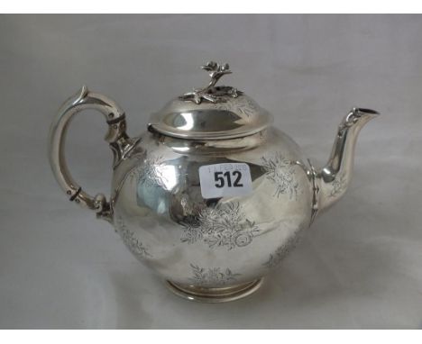 VICTORIAN CIRCULAR TEAPOT, cover with flower  cast finial, engraved with sprays of flowers 9.5" over  spout. Lon. 1871 by Gar