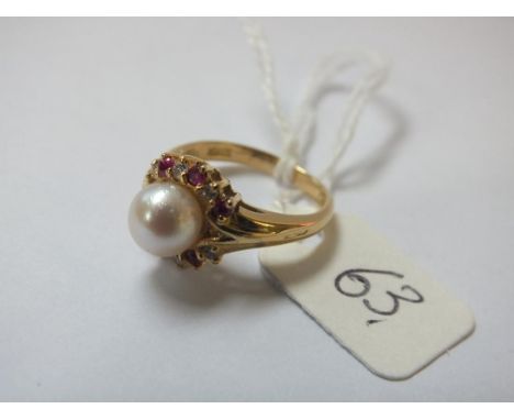 18ct gold ruby, diamond and pearl ring approx size I  