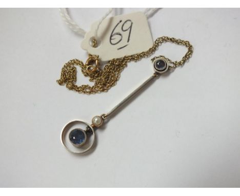 Gold pearl and sapphire Lavalier pendant necklace   