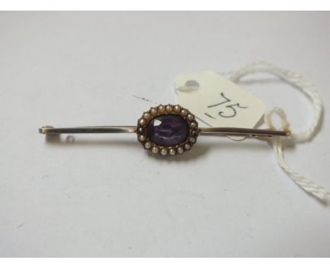 15ct gold pearl and amethyst bar brooch 6cm long   