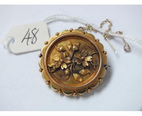 Antique 15ct gold circular target brooch  with floral decoration and picture panel to  back 9.5g inc        