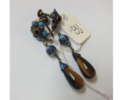 An attractive pair of vintage cats eye and  enamel ear pendants       