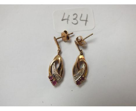 Pair 9ct ruby &amp; diamond earrings     