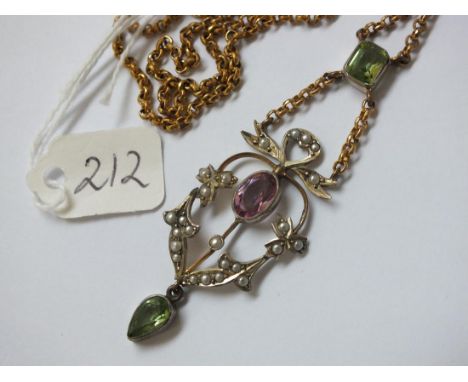 9CT SUFFRAGETTE PERIDOT, PEARL and   amethyst drop pendant necklace with barrel clasp  21" long  9.2g inc       