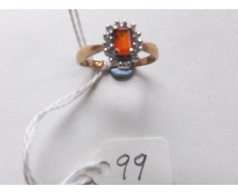 9ct rectangular fire opal &amp; diamond cluster   ring (size T).         