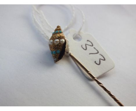 Gold mounted turquoise and pearl stick pin in the form   of a shell        