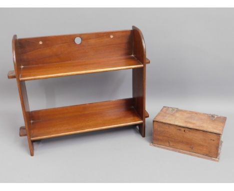 A small mahogany shelf unit, 16in high x 17in wide twinned with an oak box