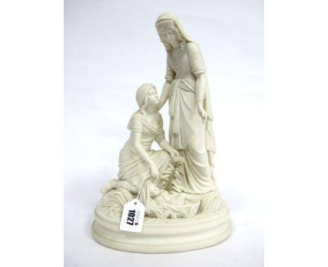 A Mid XIX Century Parian Figure Group 'Finding Moses', the Pharoah's daughter resting one hand on the shoulder of her handmai