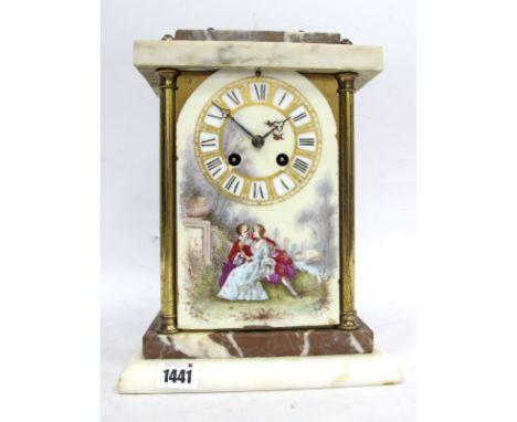 A Late XIX Century French Alabaster and Marble Mantle Clock, with ceramic panels decorated with courting couples and landscap