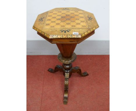 A Mid XIX Century Walnut Games/Sewing Table, with octagonal chess board top, fitted interior, raised on a turned pedestal and