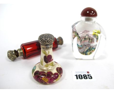A Modern Chinese Snuff Bottle, (lacking spoon) of shaped square form, the interior painted with the Great Wall of China, 9cm 