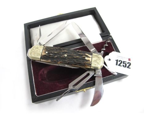 Stan Shaw; A Fishing Knife, with stag scales, nickel silver bolsters (etched), blade, corkscrew, file, tin opener etc, 11cm c