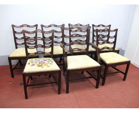 A Set of Seven XVIII Century Style Mahogany Ladder Back Dining Chairs, (1 Carver and 6 Single) with drop-in seats on chamfere