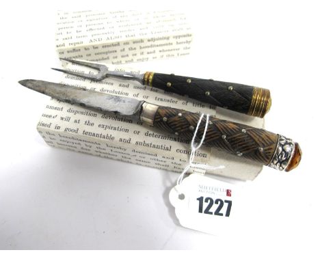 An Early Knife and Fork Set, with tapered horn handles and metal mounts inset with cabochons, knife 18cm long, fork 14cm long