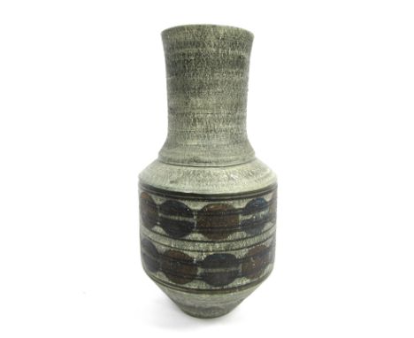 A Troika Pottery Vase, of baluster form, the central cylindrical body painted by Ann Lewis, signed in monogram, with two band