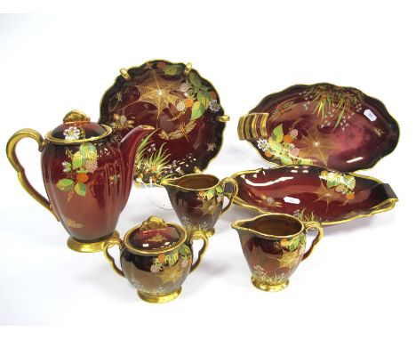 A Collection of Carlton Ware Pottery Rouge Royale, all decorated in the Spiders Web pattern against maroon grounds, printed m