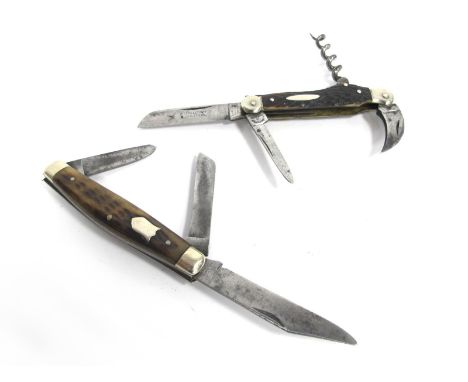Rawson Brothers, Sheffield; A Pocket Knife, with three blades, stag scales, nickel silver bolsters and brass linings, 10cm cl
