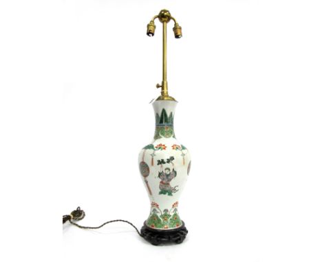 A Late XIX Century Chinese Pottery Vase, of baluster form (converted to a lamp), decorated in the famille verte palette with 