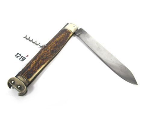 A Lock Knife, (unnamed), with single blade, corkscrew and nickel silver cartridge extractor, nickel silver bolster with stag 