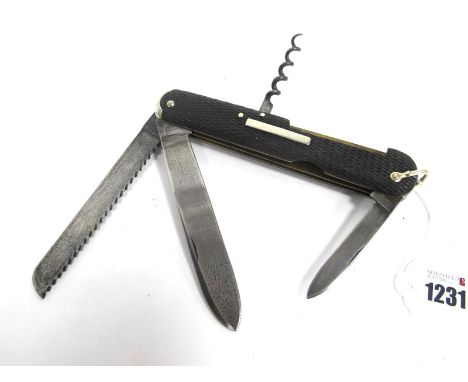 John Watts; A Pocket Knife, with two blades, saw, corkscrew, awl, tweezers and pick, chequered horn scales, brass worked lini