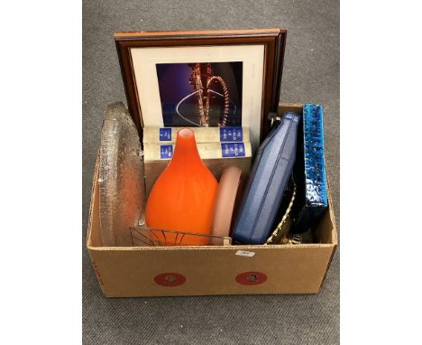 A box of 1970's orange glass table lamps base, colour prints of the Tyne Bridge, security strong box with key, 1970's Italian