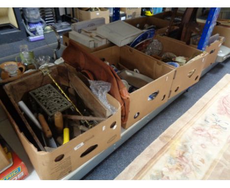 Three boxes of china, glass, cutlery, crystal decanter, wood working tools etc 
