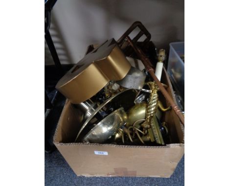 A box of brass and copper ware, copper pipe lamp, lighting etc 