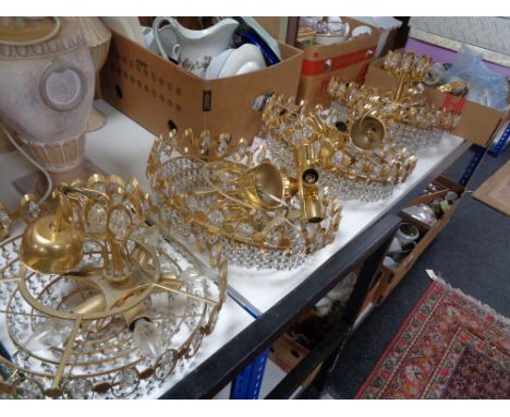 Four large gilt metal ceiling lights and a further drop and mall light fitting  CONDITION REPORT: The four lights each have m
