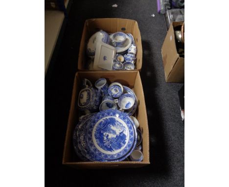 Two boxes of Copeland Spode and other antique and later blue and white china 