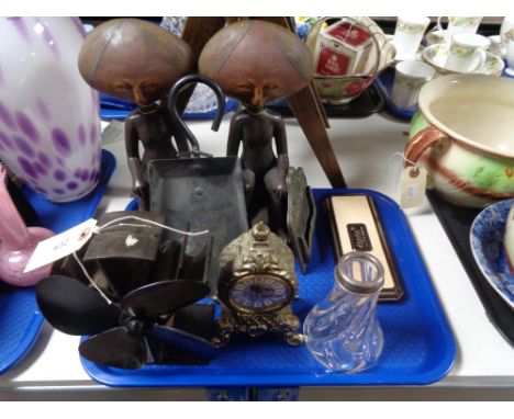 A tray of wooden figures, carriage clock, glass vase with silver mount, concertina sewing box 