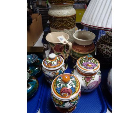 A tray of earthern ware, continental pots, ceramic jug and vase, West German pots etc 
